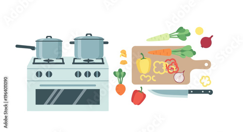 A kitchen scene featuring a stove with pots and a cutting board with various vegetables and a knife, illustrating food preparation.