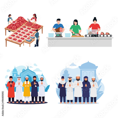 Eid al-Adha Celebration Muslim Community Gathering and Meat Preparation for Sacrifice