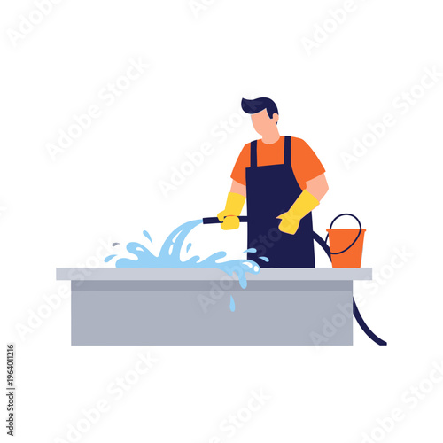 Man washing Eid al-Adha sacrificial animal with hose