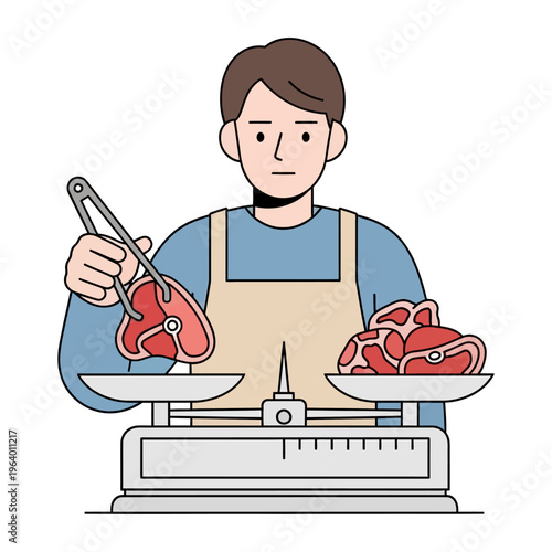 Butcher measuring meat portions for Eid al-Adha celebrations and halal distribution
