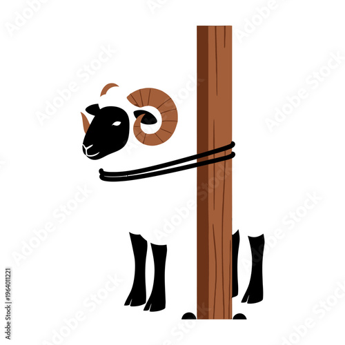 Stylized ram tied to a wooden pole, representing the religious sacrifice of Eid al-Adha