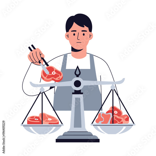 Man carefully weighing fresh meat for equitable distribution during traditional Eid al-Adha festival
