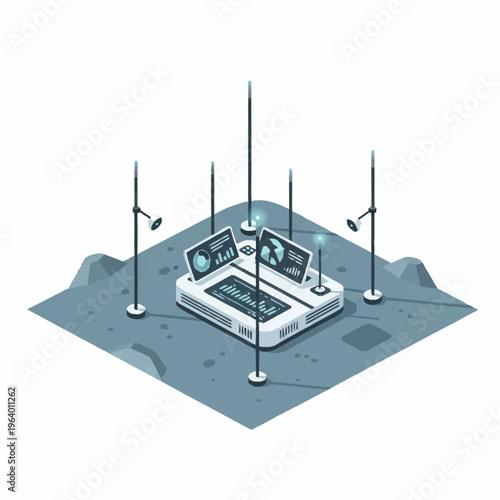 Futuristic isometric control panel with glowing screens and antennas on a lunar surface.