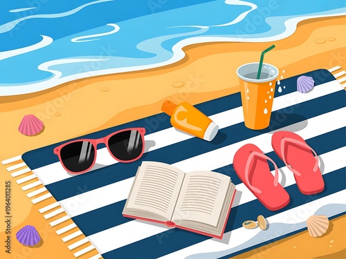 Relaxing beach scene with towel book flip flops sunglasses sunscreen and refreshing drink