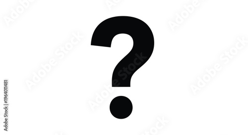 A stark black question mark silhouette is prominently displayed against a plain solid white background evoking curiosity high quality professional detailed