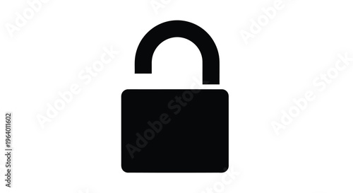 A stark black and white illustration depicts an open padlock symbolizing security access or freedom from restriction high quality professional detailed