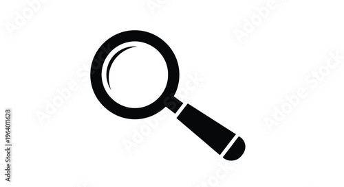 A simple black icon depicts a magnifying glass angled slightly downward suggesting investigation or search high quality professional detailed modern elegant