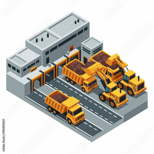Isometric illustration of a busy construction site with heavy machinery and dump trucks.