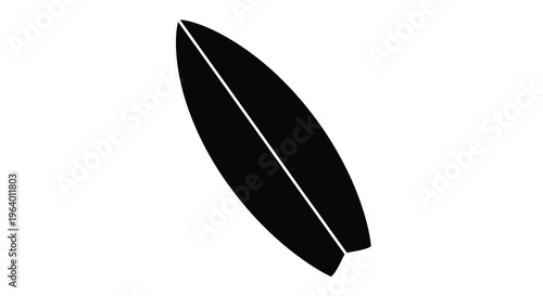A minimalist black silhouette depicts a surfboard angled diagonally against a stark white background suggesting ocean activity high quality professional detailed