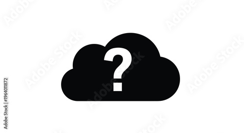 A solid black cloud shape contains a white question mark visually representing uncertainty or unknown data high quality professional detailed modern