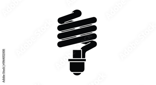 A stark black silhouette depicts a compact fluorescent lamp showcasing its coiled form and standard screw base high quality professional detailed