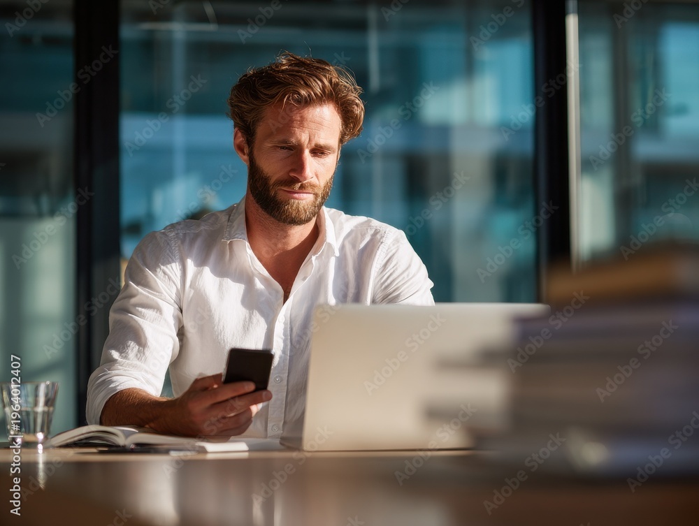 Fototapeta premium professional man remote working on a blured office background with natural sunlight