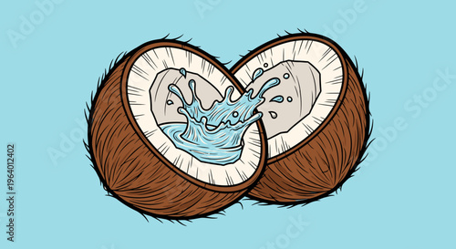 Coconut halves with liquid splashing out.