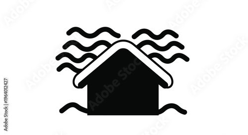 A simple black and white illustration depicts a house partially submerged in floodwaters conveying a sense of danger high quality professional