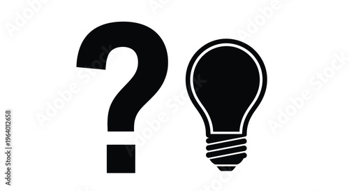 A stark black question mark is positioned next to a silhouette of a lightbulb on white high quality professional detailed modern