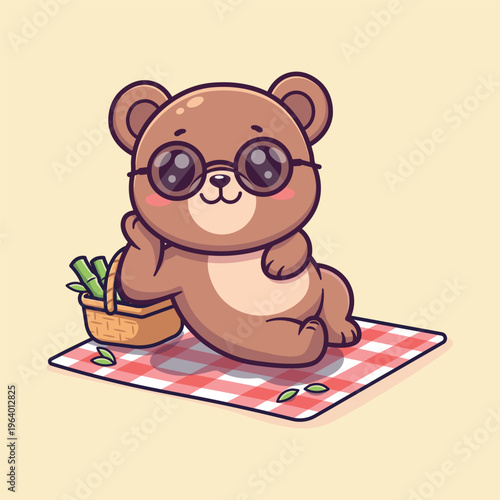 Cute Brown Bear Relaxing Picnic with Sunglasses Cartoon Vector Illustration
