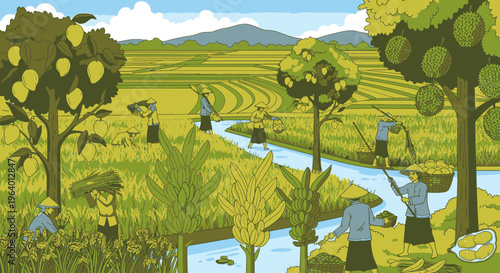 Farmers working in green field area.