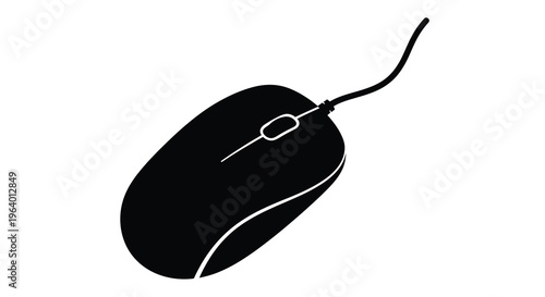 A simple black silhouette depicts a computer mouse with a visible cable and two buttons isolated on white high quality professional