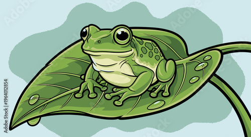 Green Frog Sitting on Leafy Plant.