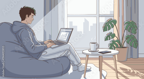 Illustration of a young man sitting on a beanbag chair working on a laptop with a coffee cup on a side table in a cozy room with a city view.