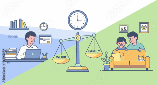 Illustration of a man working on a laptop balancing work and family life with a scale, clock, and family on a couch in a colorful composition.