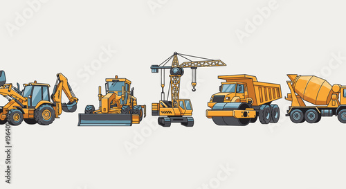 Heavy construction vehicles in a row 6.