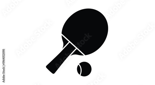 A simple black and white illustration depicts a table tennis paddle and ball representing the sport high quality professional detailed modern