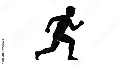 A stark black silhouette depicts a man in mid stride seemingly running with determined energy and focus high quality professional detailed