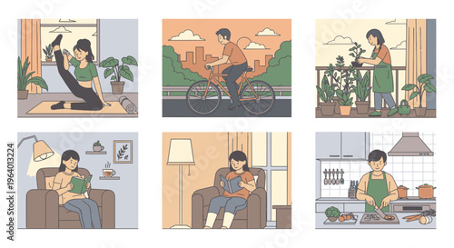 Collage of a woman engaging in various daily activities at home with a warm and cozy atmosphere.