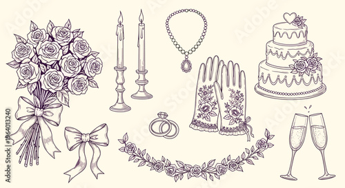 Wedding day celebration items like bouquet of roses candles necklace gloves diamond rings garland and champagne flutes.