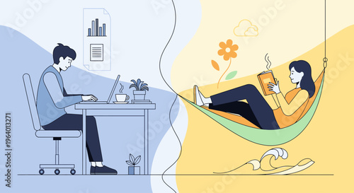 Illustration of a man working on a laptop at a desk and a woman relaxing in a hammock with flowers, conveying a contrast between work and leisure in a stylized, colorful scene.