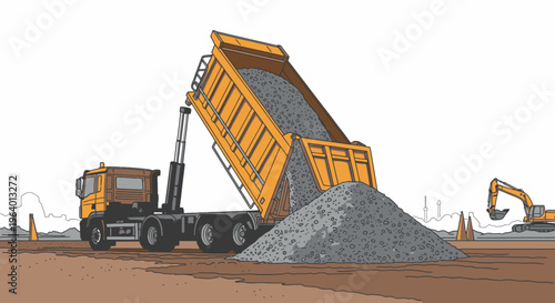 Large yellow dump truck pouring gravel.
