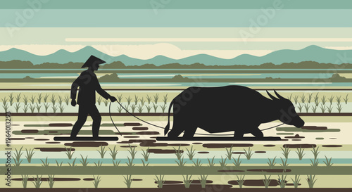 Man plowing field with big ox.