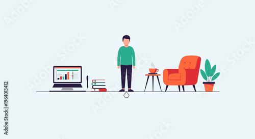 Flat illustration of a man standing next to a laptop and books with an orange chair and plant in a minimalist room with a calm mood.