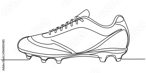 A single continuous line drawing of a soccer cleat shoe isolated against a plain white background