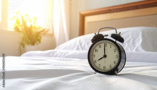 朝の光差し込む寝室のベッドに置かれたアナログ目覚まし時計