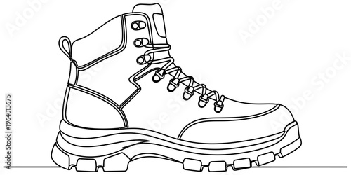 Photos A detailed black and white line art illustration of a rugged outdoor hiking boot for coloring