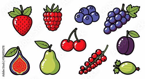 Variety of colorful fruit icons together.