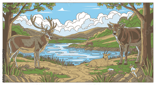 Two deer standing by a lake.