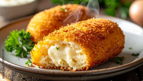 割れ目からクリームがとろける揚げたてのコロッケをのせた皿