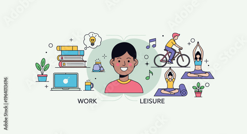 A smiling man surrounded by icons representing work and leisure activities on a light green background with various objects.