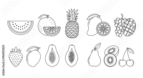 Variety of fruit icons line drawings 1.