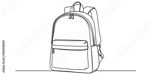 A simple black and white line drawing of a classic school backpack with a front storage pocket