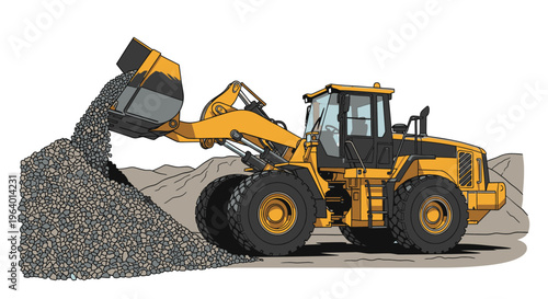 Yellow wheel loader moving gravel pile.