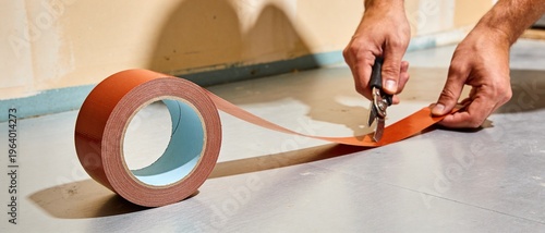 Terracotta Orange Duct Tape Roll Being Cut with a Utility Blade on a Grey Floor for Hardware Supply Branding or Renovation Packaging Material Mockup with Copy Space