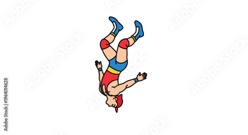 Dynamic cartoon wrestler performing an acrobatic mid-air flip, symbolizing the thrilling action and agile strength of competitive sports. A vibrant illustration of athletic performance