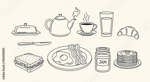 Breakfast set with tea, coffee, fried egg, bacon, pancakes, croissant, sandwich, butter, jam.