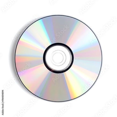 Shiny CD-ROM. Iridescent colors radiate from the center. Minimalist composition on a white background, cast shadow