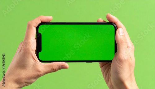 グリーンスクリーンの背景でスマートフォンを横向きに持つ両手のモックアップ