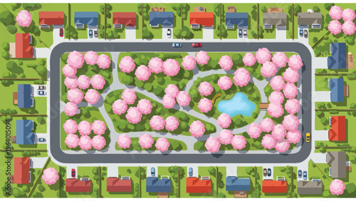 Aerial View Suburban Neighborhood with Park & Homes, Real Estate Development Concept
